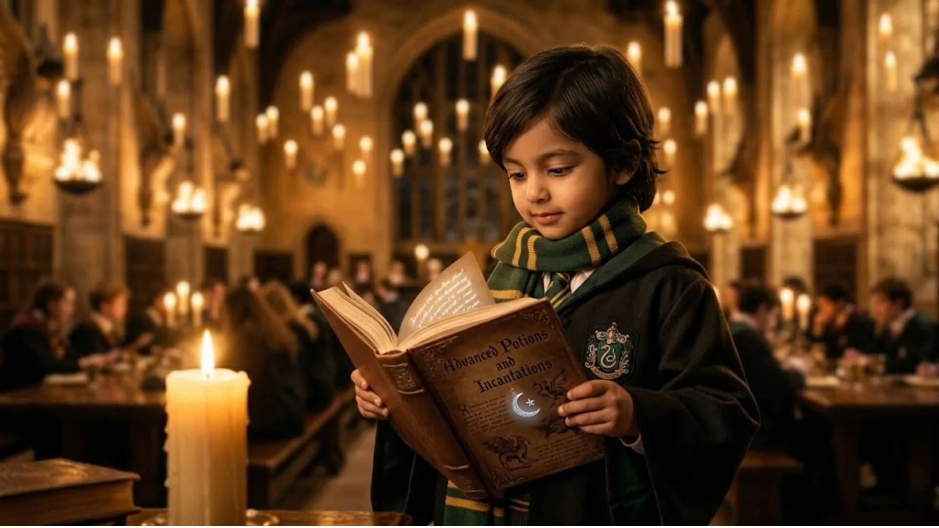 AI-generated child portrait in wizard school robe and striped scarf holding a spellbook with candlelit great hall background